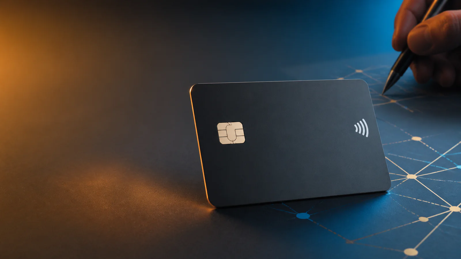 A clearly recognizable payment card with chip and contactless symbol on a reward program decision desk